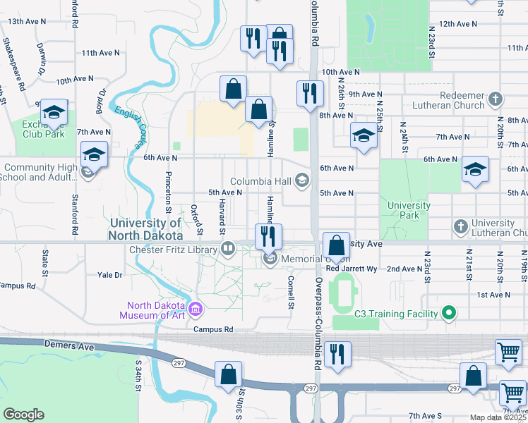 map of restaurants, bars, coffee shops, grocery stores, and more near 401 Hamline Street in Grand Forks