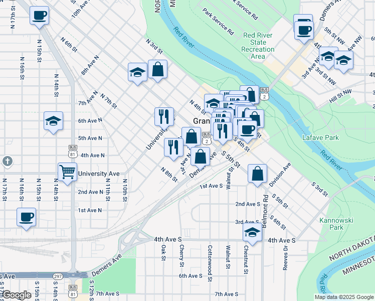 map of restaurants, bars, coffee shops, grocery stores, and more near 600 1st Avenue North in Grand Forks