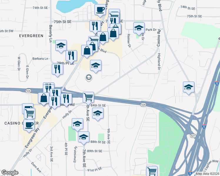 map of restaurants, bars, coffee shops, grocery stores, and more near 918 East Casino Road in Everett