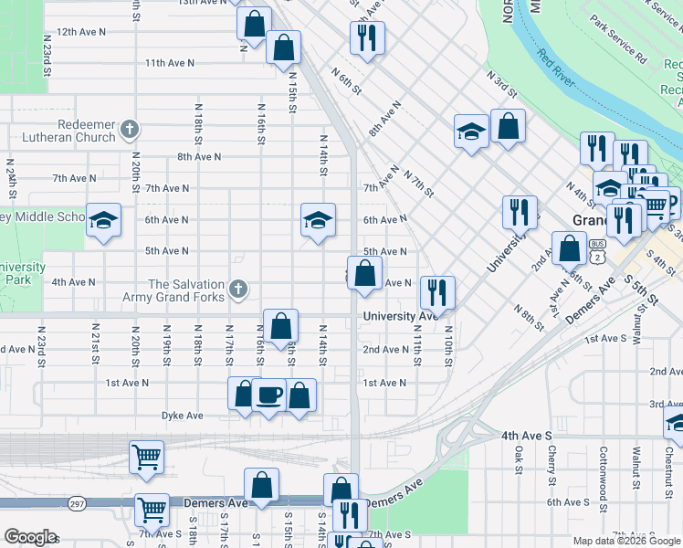 map of restaurants, bars, coffee shops, grocery stores, and more near 1310 4th Avenue North in Grand Forks