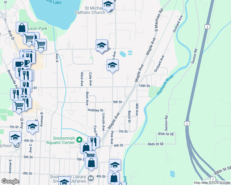 map of restaurants, bars, coffee shops, grocery stores, and more near 916 Cleveland Avenue in Snohomish