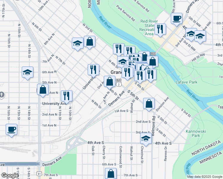 map of restaurants, bars, coffee shops, grocery stores, and more near 615 1st Avenue North in Grand Forks