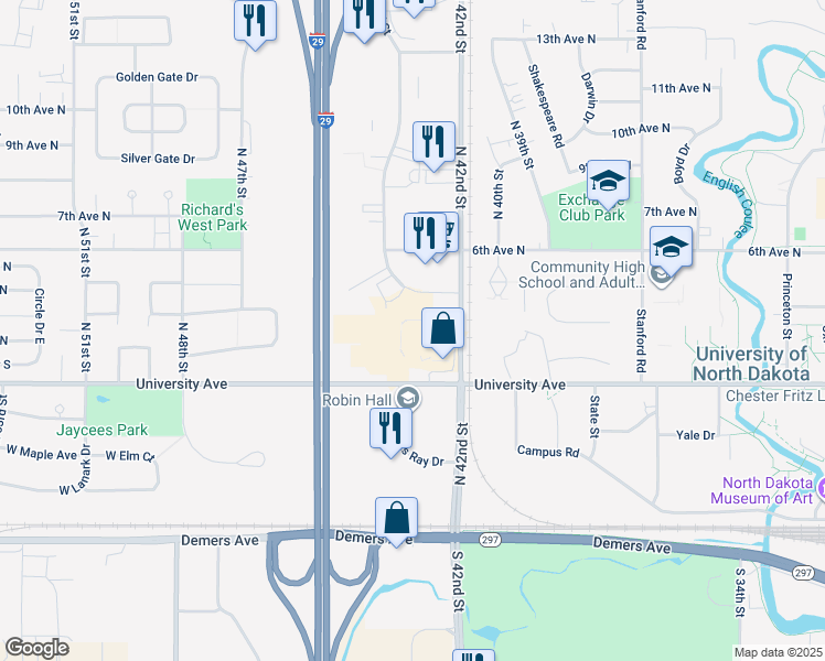 map of restaurants, bars, coffee shops, grocery stores, and more near 4278 University Avenue in Grand Forks
