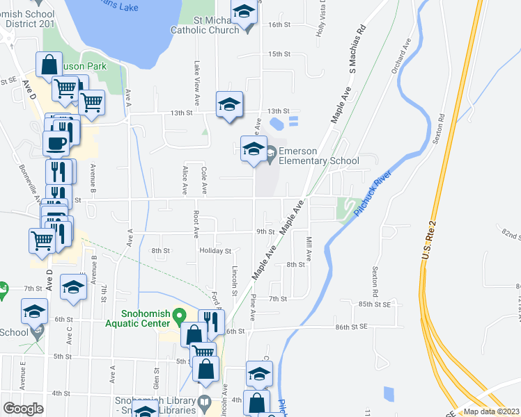 map of restaurants, bars, coffee shops, grocery stores, and more near 918 Cleveland Avenue in Snohomish