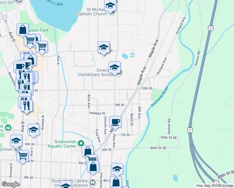 map of restaurants, bars, coffee shops, grocery stores, and more near 918 Cleveland Avenue in Snohomish