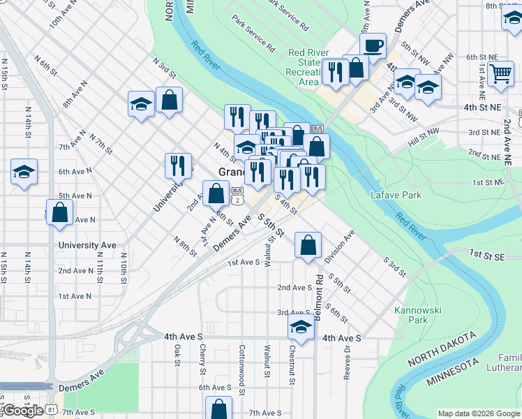 map of restaurants, bars, coffee shops, grocery stores, and more near 421 Demers Avenue in Grand Forks