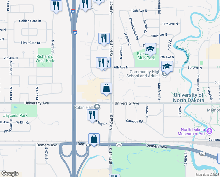 map of restaurants, bars, coffee shops, grocery stores, and more near 415 North 42nd Street in Grand Forks