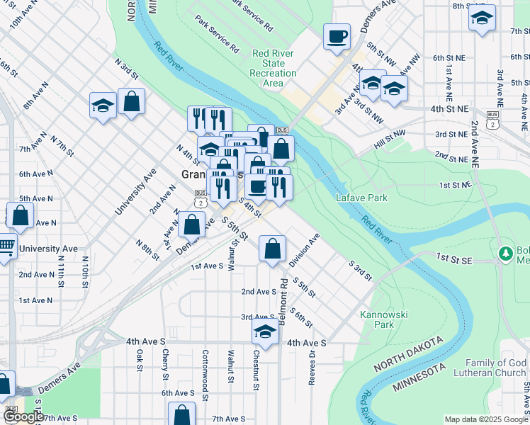 map of restaurants, bars, coffee shops, grocery stores, and more near 323 Kittson Avenue in Grand Forks