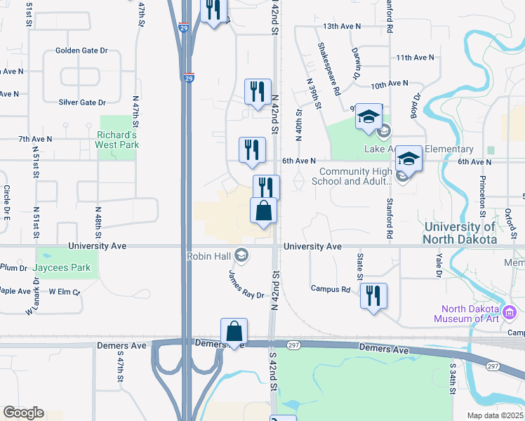 map of restaurants, bars, coffee shops, grocery stores, and more near 415 North 42nd Street in Grand Forks