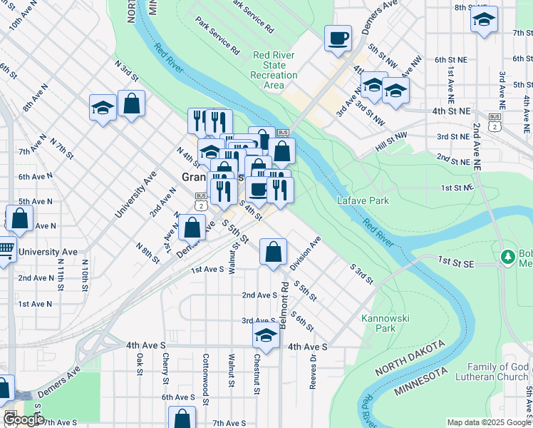 map of restaurants, bars, coffee shops, grocery stores, and more near 323 Kittson Avenue in Grand Forks