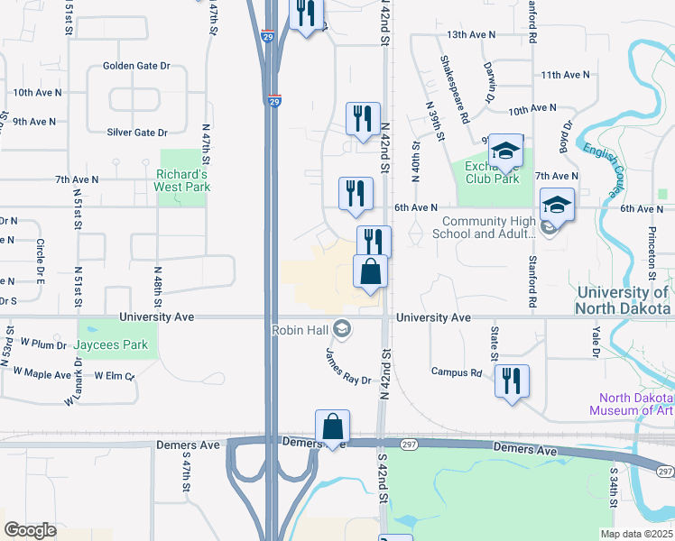 map of restaurants, bars, coffee shops, grocery stores, and more near 4274 University Avenue in Grand Forks