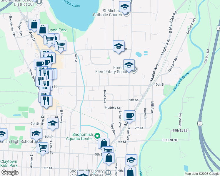 map of restaurants, bars, coffee shops, grocery stores, and more near 529 10th Street in Snohomish