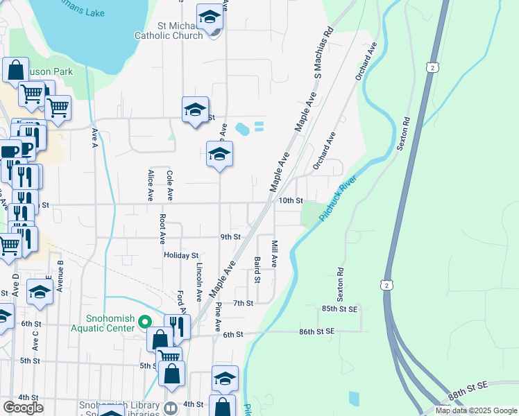 map of restaurants, bars, coffee shops, grocery stores, and more near 915 Harrison Avenue in Snohomish