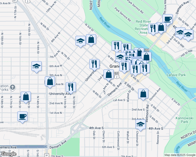 map of restaurants, bars, coffee shops, grocery stores, and more near 622 2nd Avenue North in Grand Forks