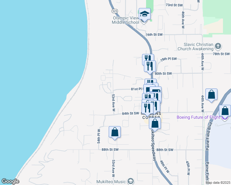 map of restaurants, bars, coffee shops, grocery stores, and more near 8125 53rd Avenue West in Mukilteo