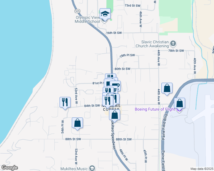 map of restaurants, bars, coffee shops, grocery stores, and more near 8252 Mukilteo Speedway in Mukilteo