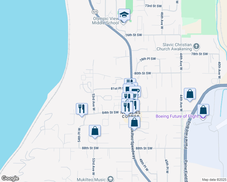 map of restaurants, bars, coffee shops, grocery stores, and more near 8216 Mukilteo Speedway in Mukilteo