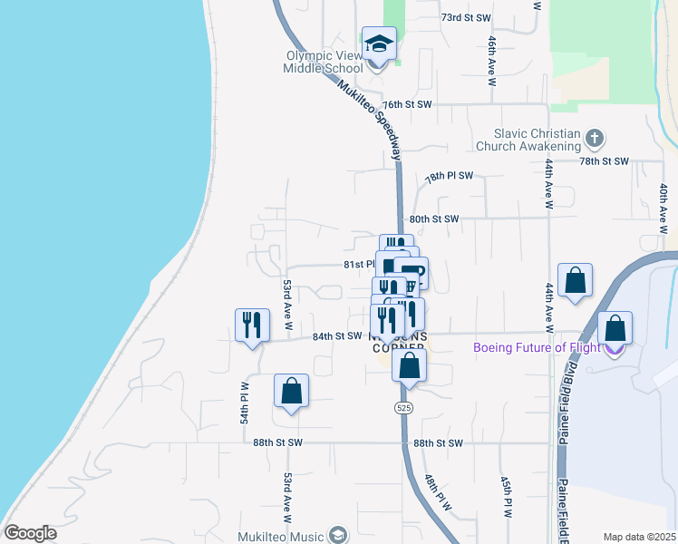 map of restaurants, bars, coffee shops, grocery stores, and more near 8216 Mukilteo Speedway in Mukilteo