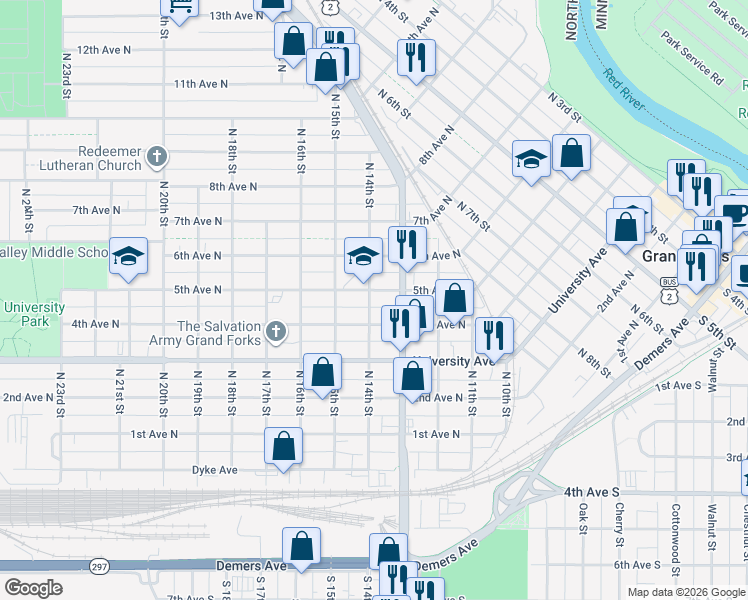 map of restaurants, bars, coffee shops, grocery stores, and more near 1310 4th Avenue North in Grand Forks