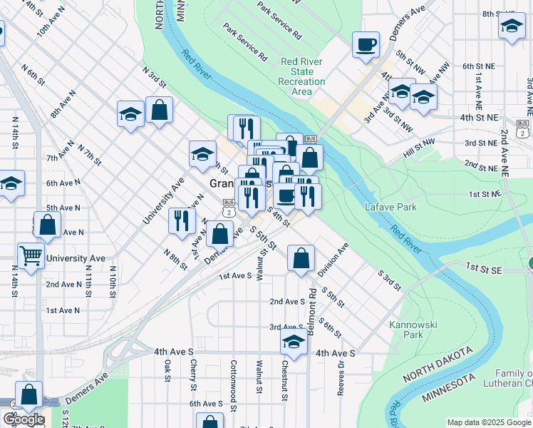 map of restaurants, bars, coffee shops, grocery stores, and more near 401 Demers Avenue in Grand Forks