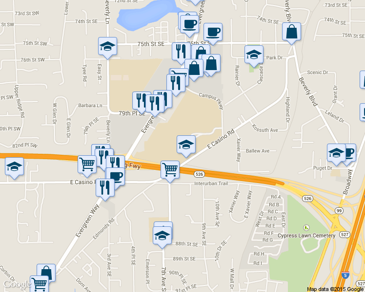 map of restaurants, bars, coffee shops, grocery stores, and more near 801 East Casino Road in Everett