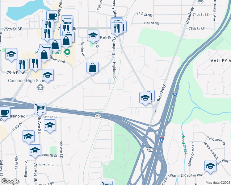 map of restaurants, bars, coffee shops, grocery stores, and more near 1505 81st Place Southeast in Everett