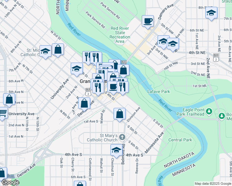 map of restaurants, bars, coffee shops, grocery stores, and more near 312 Kittson Avenue in Grand Forks