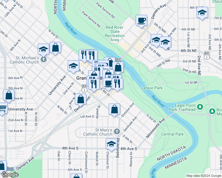 map of restaurants, bars, coffee shops, grocery stores, and more near 312 Kittson Avenue in Grand Forks