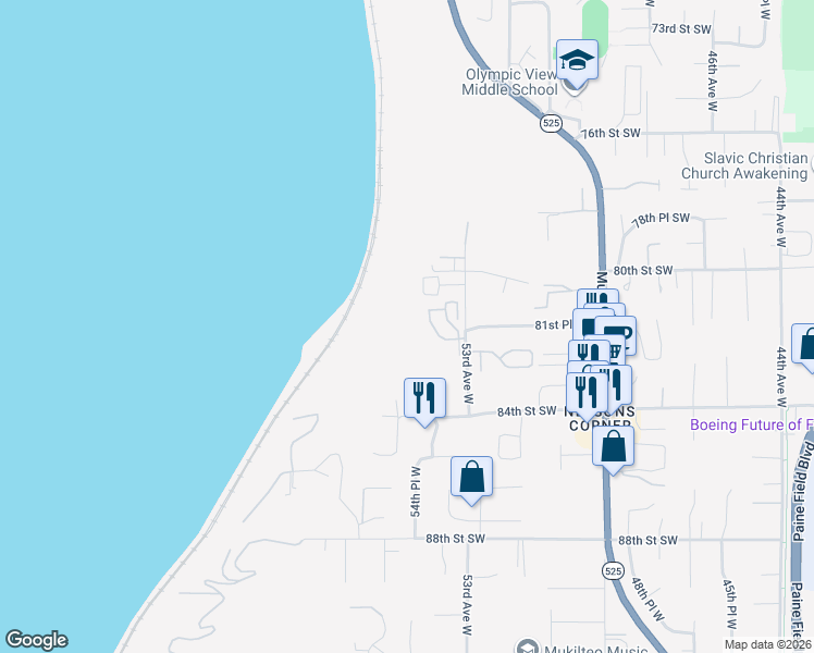 map of restaurants, bars, coffee shops, grocery stores, and more near 8106 53rd Avenue West in Mukilteo