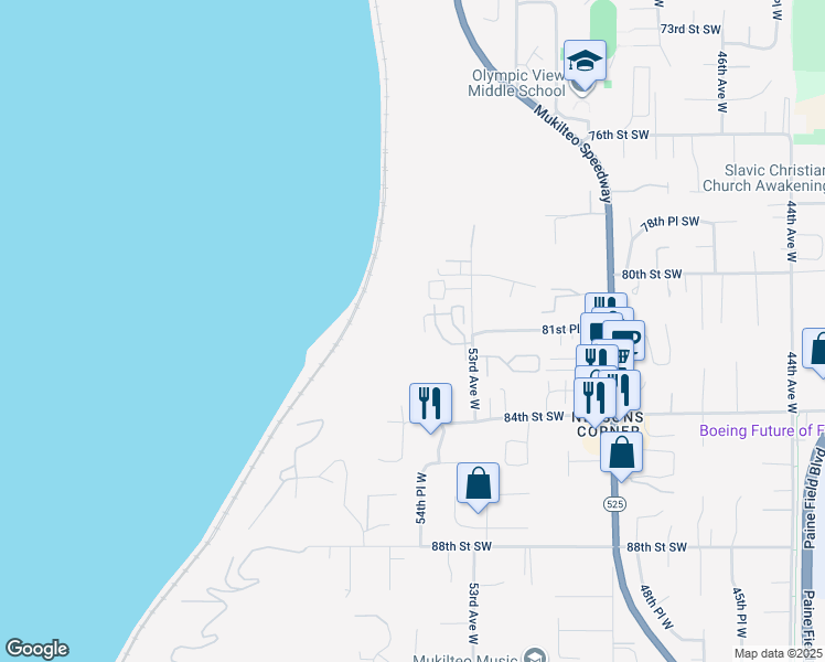 map of restaurants, bars, coffee shops, grocery stores, and more near 8118 53rd Avenue West in Mukilteo