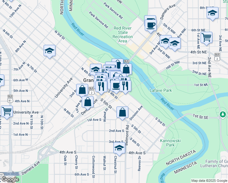 map of restaurants, bars, coffee shops, grocery stores, and more near 450 Kittson Avenue in Grand Forks