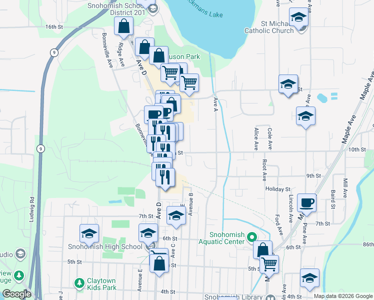 map of restaurants, bars, coffee shops, grocery stores, and more near 1101 10th Street in Snohomish