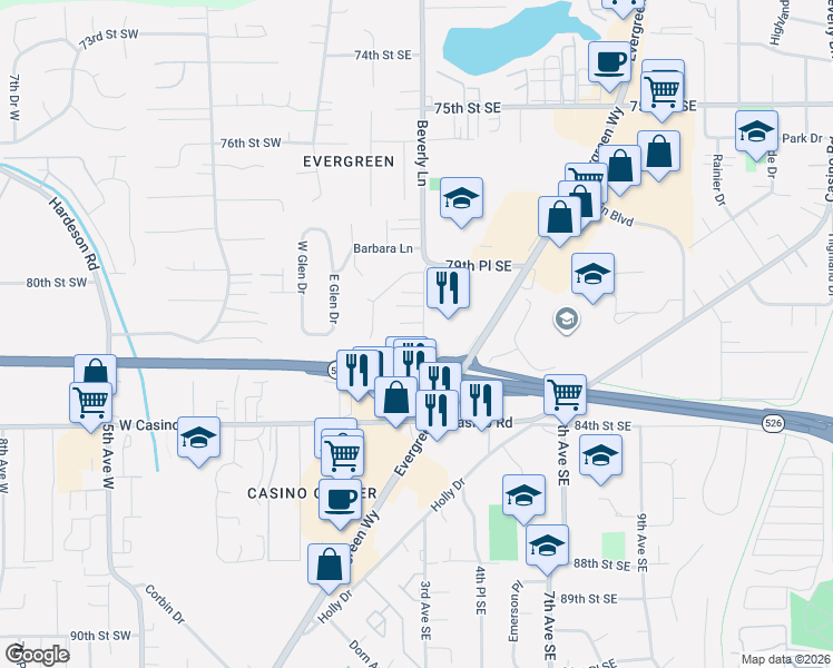 map of restaurants, bars, coffee shops, grocery stores, and more near 8206 Beverly Lane in Everett