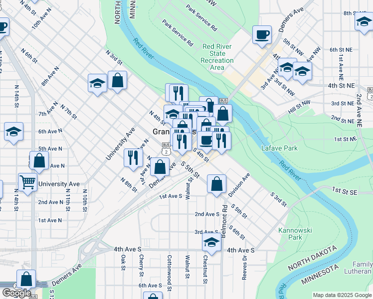map of restaurants, bars, coffee shops, grocery stores, and more near 407 Demers Avenue in Grand Forks