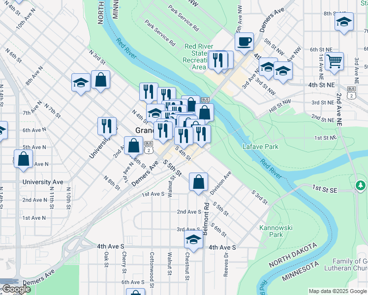 map of restaurants, bars, coffee shops, grocery stores, and more near 307 Demers Avenue in Grand Forks