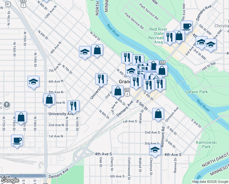 map of restaurants, bars, coffee shops, grocery stores, and more near 124 North 6th Street in Grand Forks