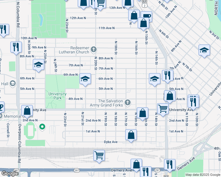 map of restaurants, bars, coffee shops, grocery stores, and more near 1809 6th Avenue North in Grand Forks