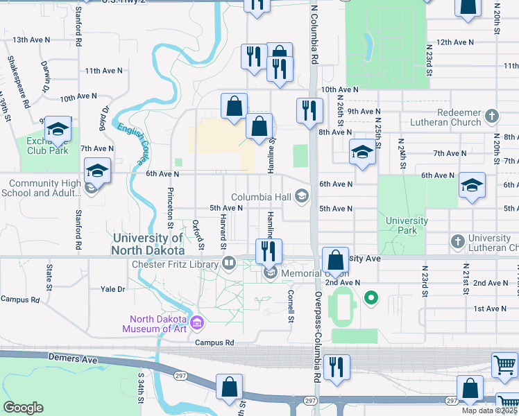 map of restaurants, bars, coffee shops, grocery stores, and more near 515 Hamline Street in Grand Forks