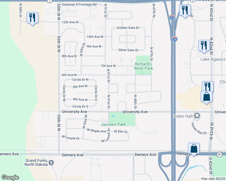 map of restaurants, bars, coffee shops, grocery stores, and more near 5067 5th Avenue North in Grand Forks