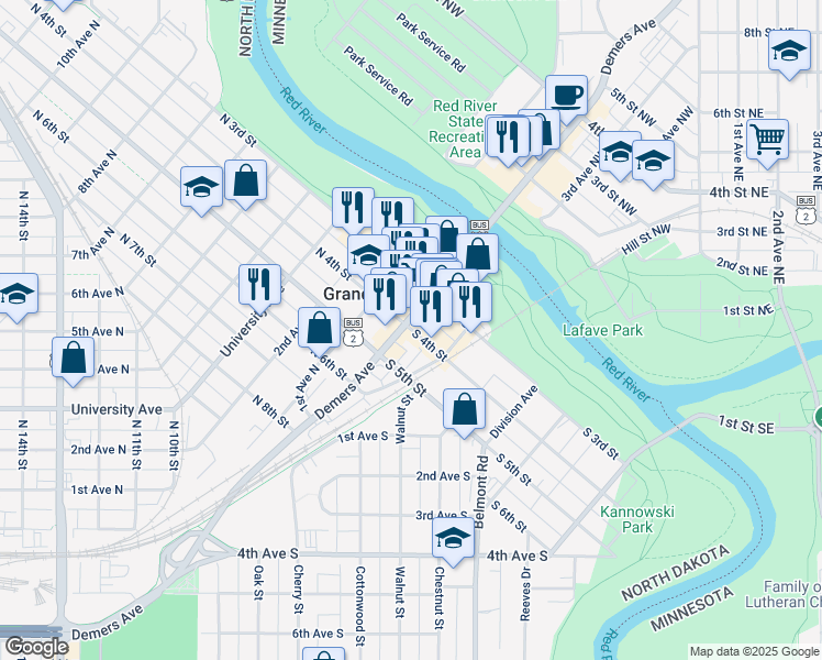 map of restaurants, bars, coffee shops, grocery stores, and more near 16 South 4th Street in Grand Forks