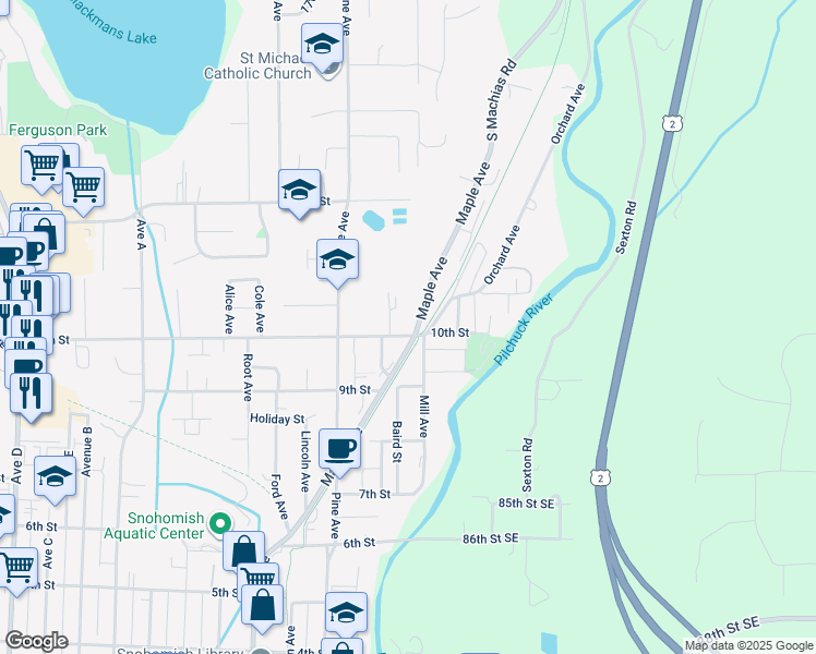 map of restaurants, bars, coffee shops, grocery stores, and more near 1002 Maple Avenue in Snohomish