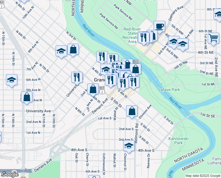 map of restaurants, bars, coffee shops, grocery stores, and more near 408 Demers Avenue in Grand Forks