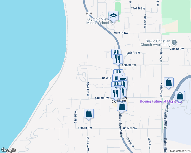 map of restaurants, bars, coffee shops, grocery stores, and more near 8031 52nd Avenue West in Mukilteo