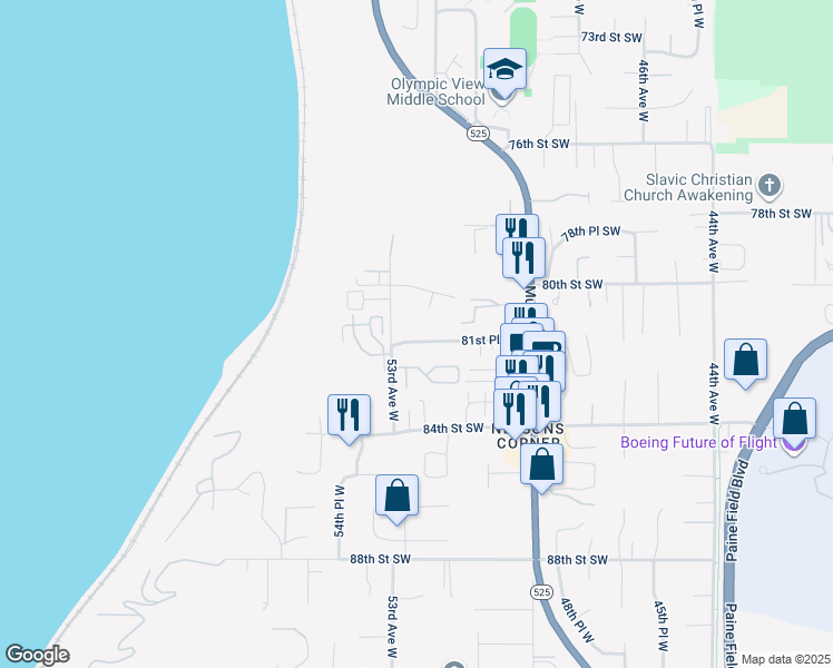 map of restaurants, bars, coffee shops, grocery stores, and more near 8031 52nd Avenue West in Mukilteo