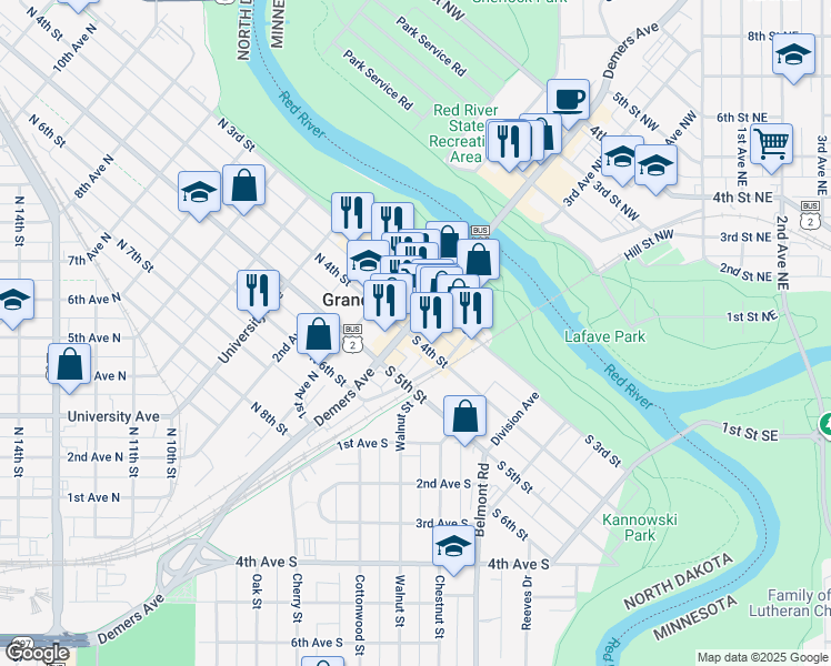 map of restaurants, bars, coffee shops, grocery stores, and more near 323 Demers Avenue in Grand Forks
