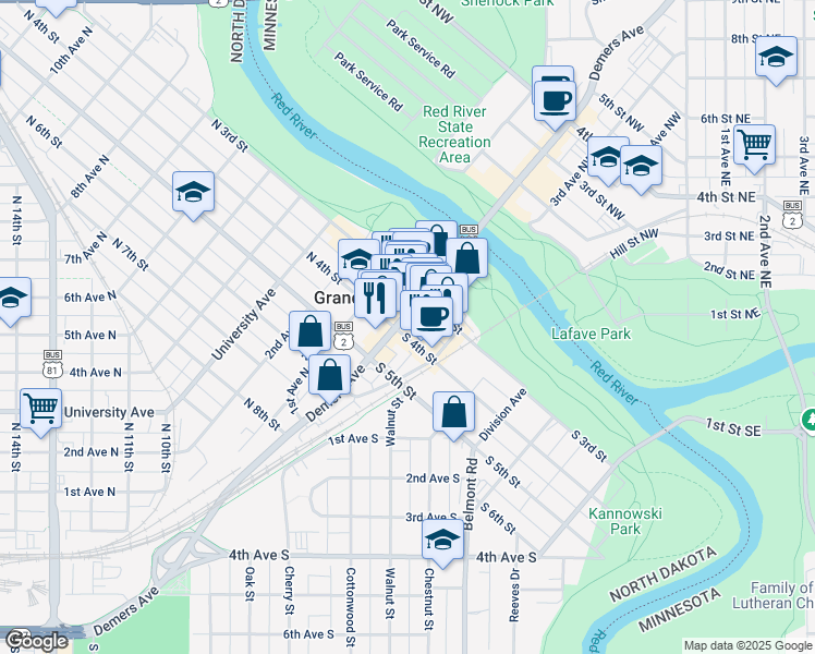 map of restaurants, bars, coffee shops, grocery stores, and more near 323 Demers Avenue in Grand Forks