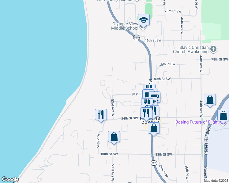 map of restaurants, bars, coffee shops, grocery stores, and more near 8025 53rd Avenue West in Mukilteo