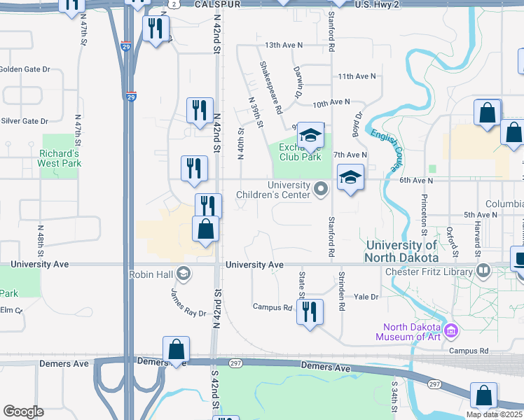 map of restaurants, bars, coffee shops, grocery stores, and more near 714 Northwestern Drive in Grand Forks