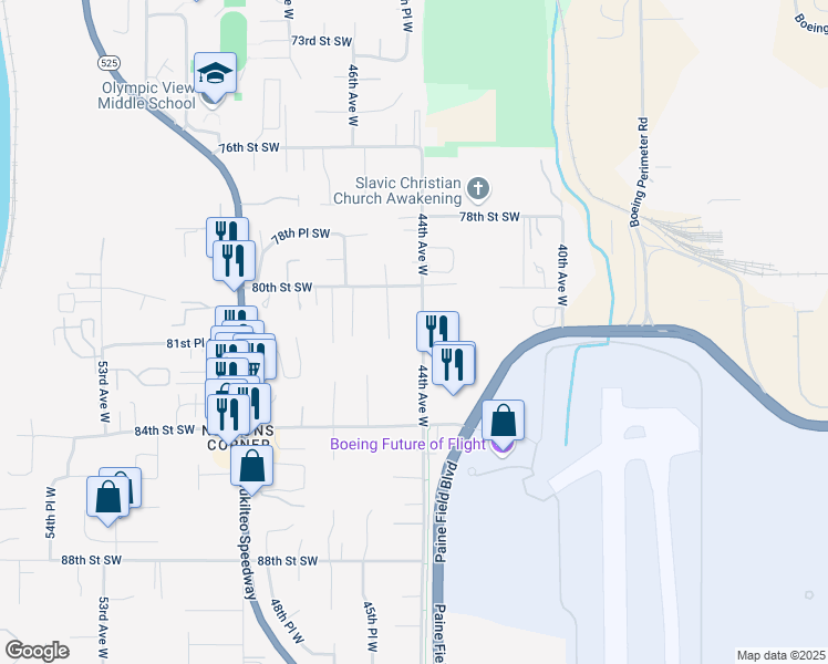 map of restaurants, bars, coffee shops, grocery stores, and more near 8020 44th Avenue West in Mukilteo