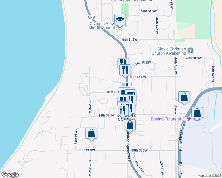 map of restaurants, bars, coffee shops, grocery stores, and more near 8020 Mukilteo Speedway in Mukilteo